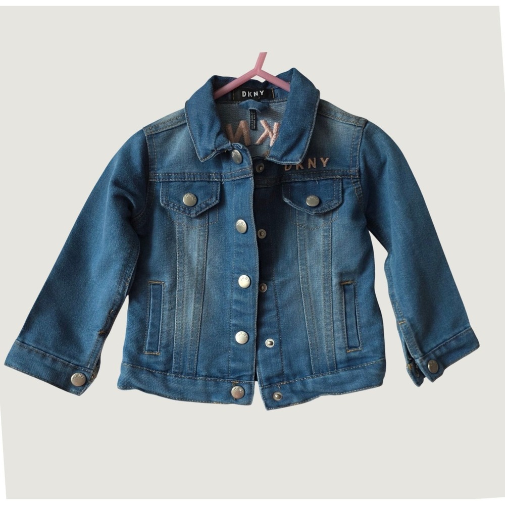DKNY Denim Jacket Toddler Girls 18M Blue Excellent Pink Logo Embroidered Trucker